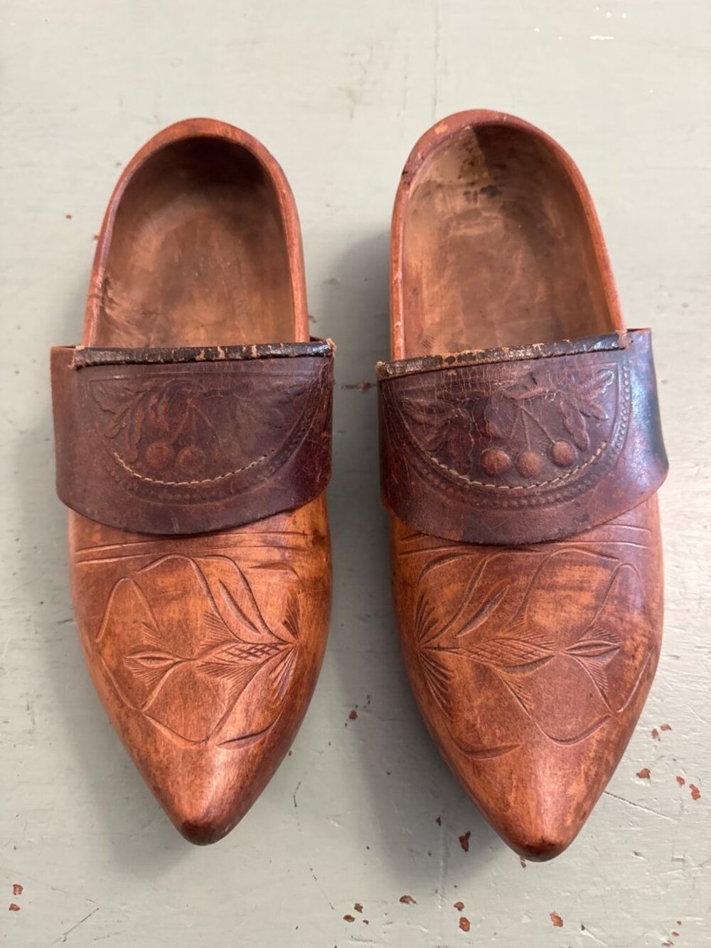 Primitive Handcrafted Wooden Dutch Clogs w Leather Accents Carved Floral Antique